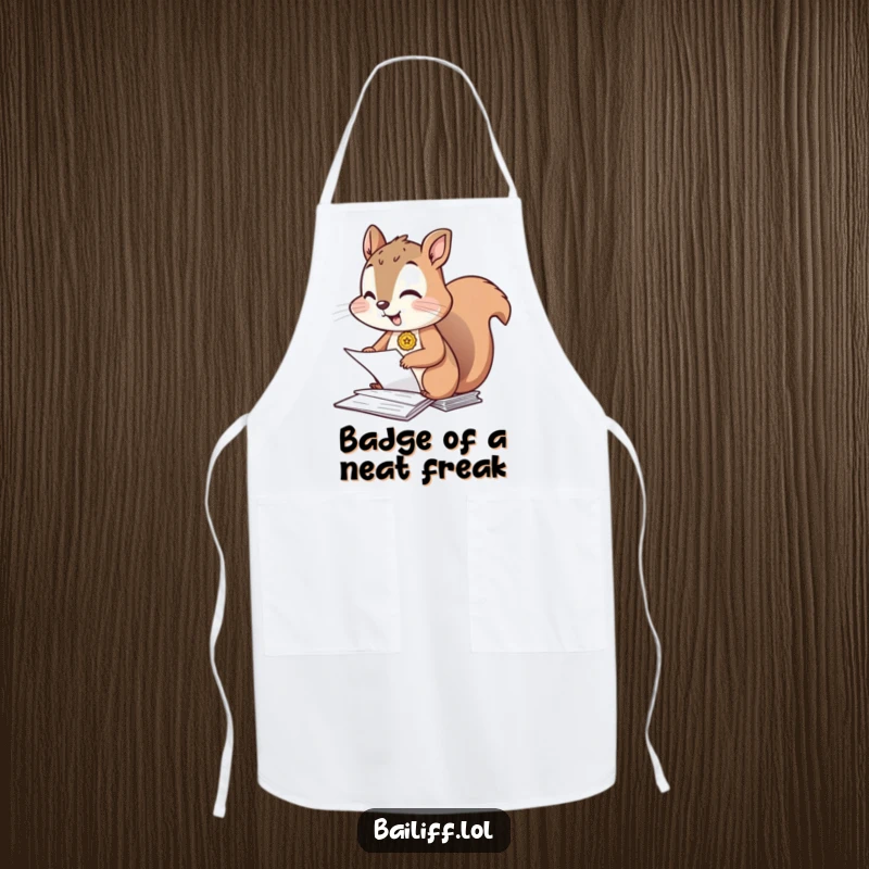 Funny apron with a giggling squirrel wearing a tiny badge, diligently organizing imaginary kitchen papers with a look of pure joy.