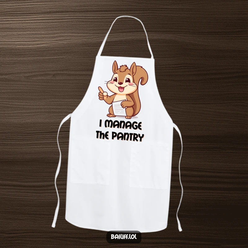 Funny squirrel apron featuring a cheerful squirrel boss pointing authoritatively at a document, perfect for kitchen commanders.