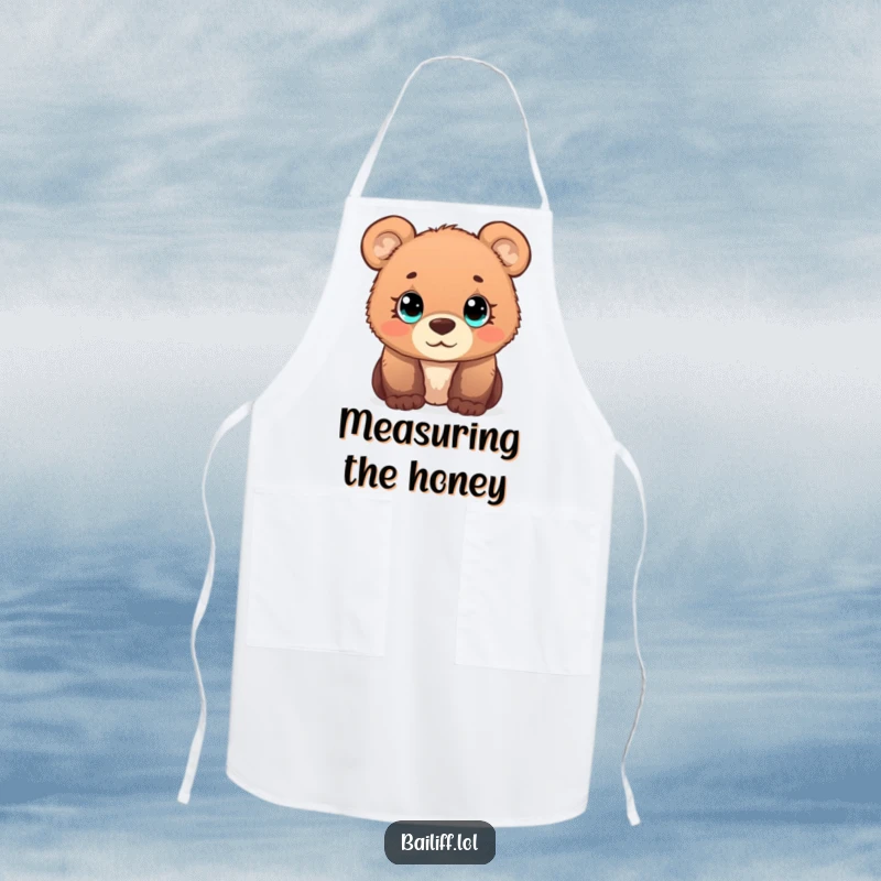 Funny bear cub apron featuring a curious cub with wide, simple eyes observing a tiny scale, perfect for the kitchen.