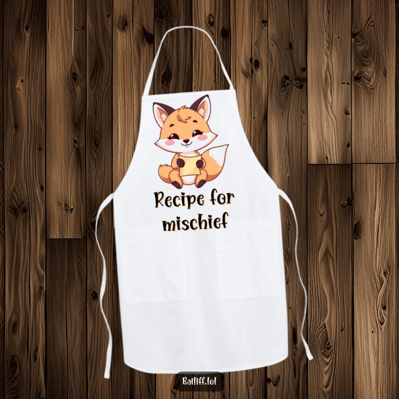 Funny fox apron featuring a playful fox with a resolute grin, holding a small scroll, ideal for kitchen adventures.