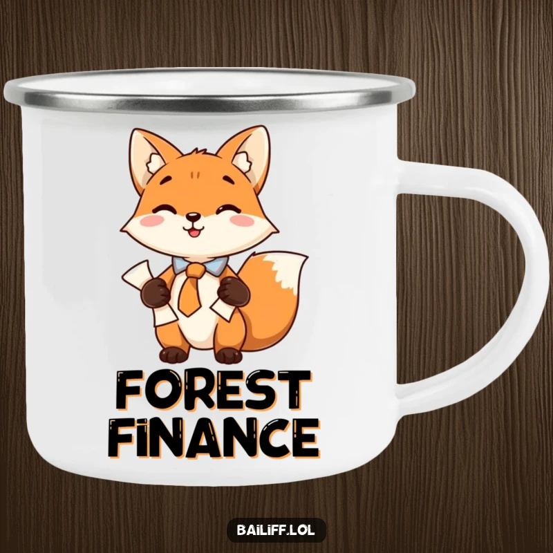 Funny camping mug showcasing a playful fox in a tie, securely holding a scroll of documents, perfect for outdoor legal discussions and humor.
