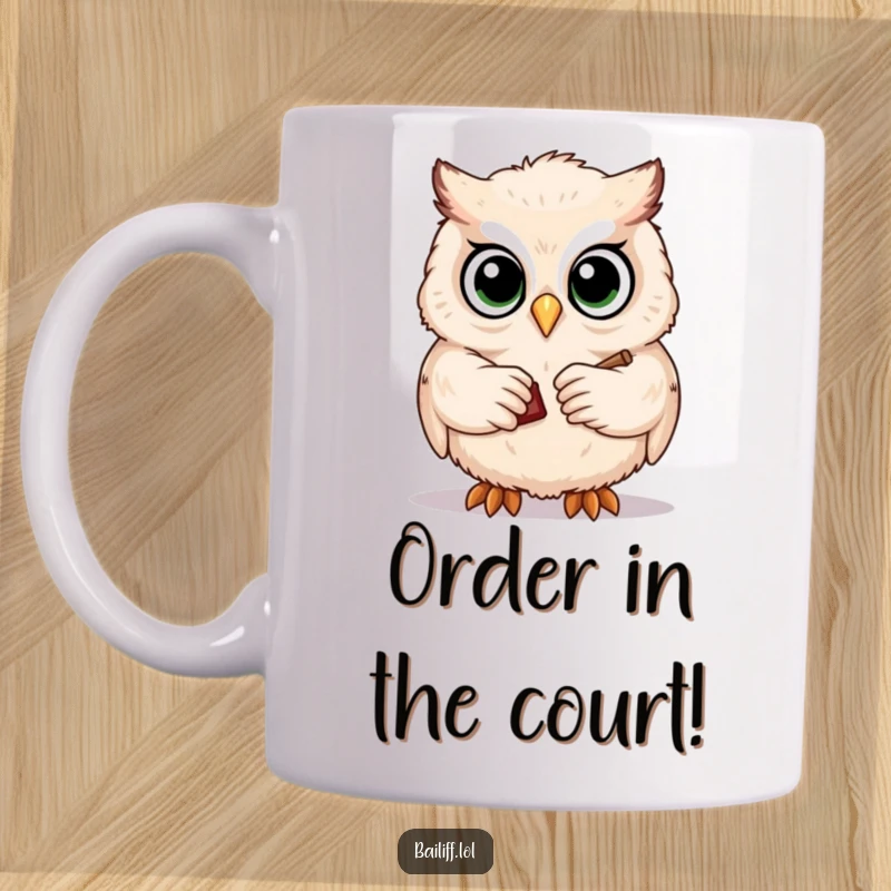 Funny mug featuring a cute, fluffy owl with large eyes, solemnly tapping a tiny gavel, presiding over your morning brew.