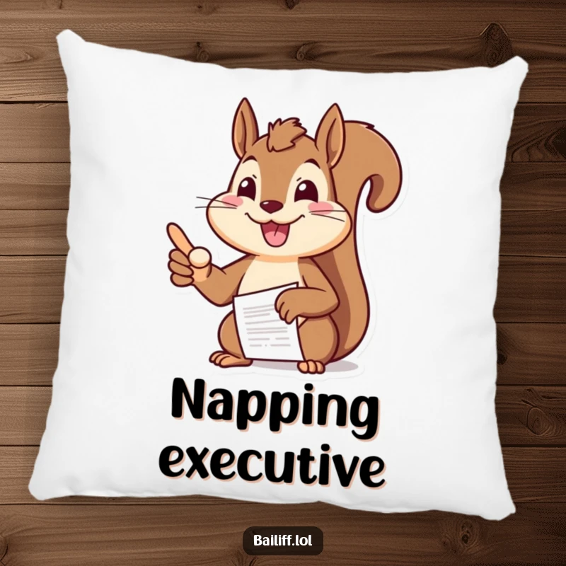Funny squirrel pillow with a cheerful squirrel boss pointing authoritatively at a document, providing plush comfort and humor.
