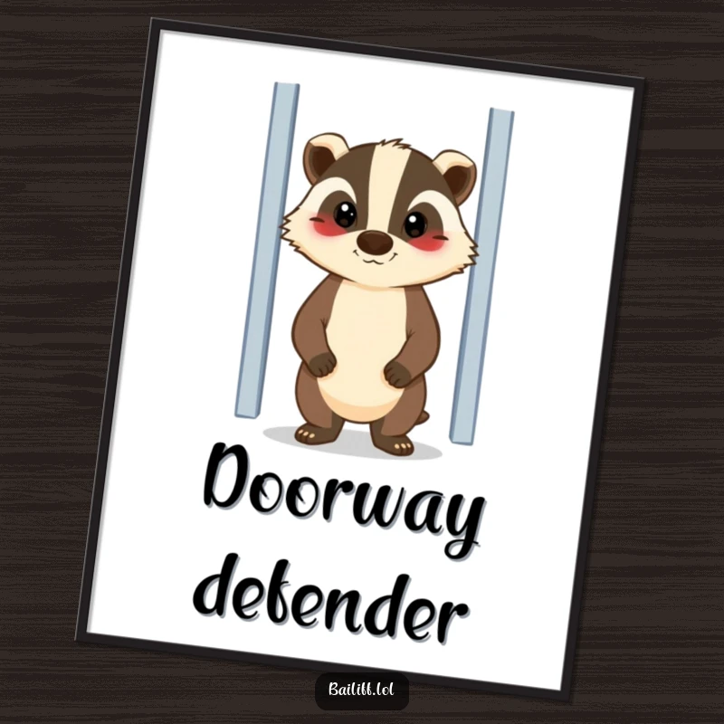 Funny digital art print of a cheerful badger with a stern but kind expression, standing guard by a door, a loyal and amusing piece.