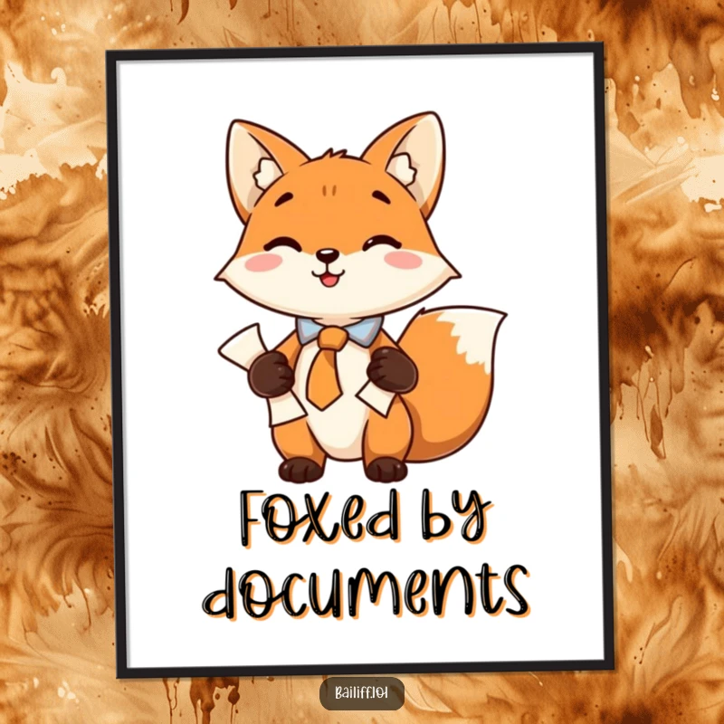 Funny digital art print of a playful fox in a neat tie, securely holding a scroll of documents, a clever and amusing piece.