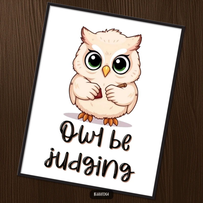 Funny digital art print of a cute, fluffy owl with large eyes, solemnly tapping a tiny gavel, a wise and amusing piece.