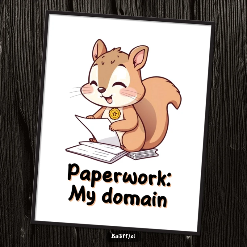 Funny digital art print of a giggling squirrel with a tiny badge, meticulously organizing a stack of papers, conveying cheerful office energy.