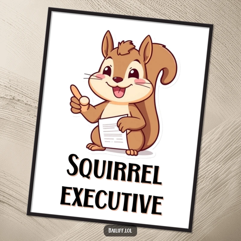 Funny squirrel digital art print of a cheerful squirrel boss pointing authoritatively at a document, perfect for instant wall decor.