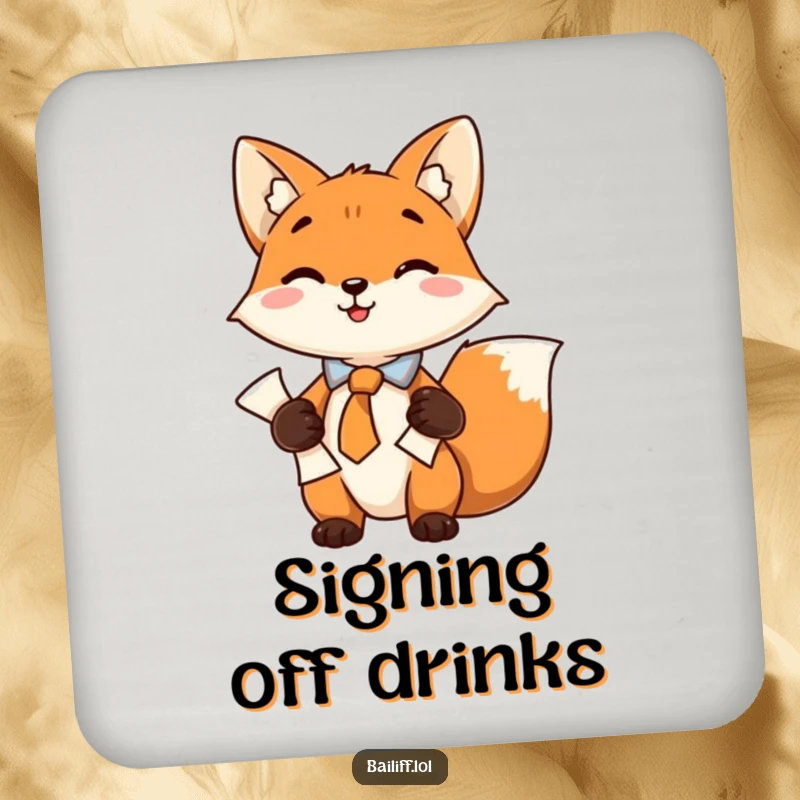 Funny drink coaster featuring a playful fox in a neat tie, securely holding documents, adding sophisticated charm and humor.