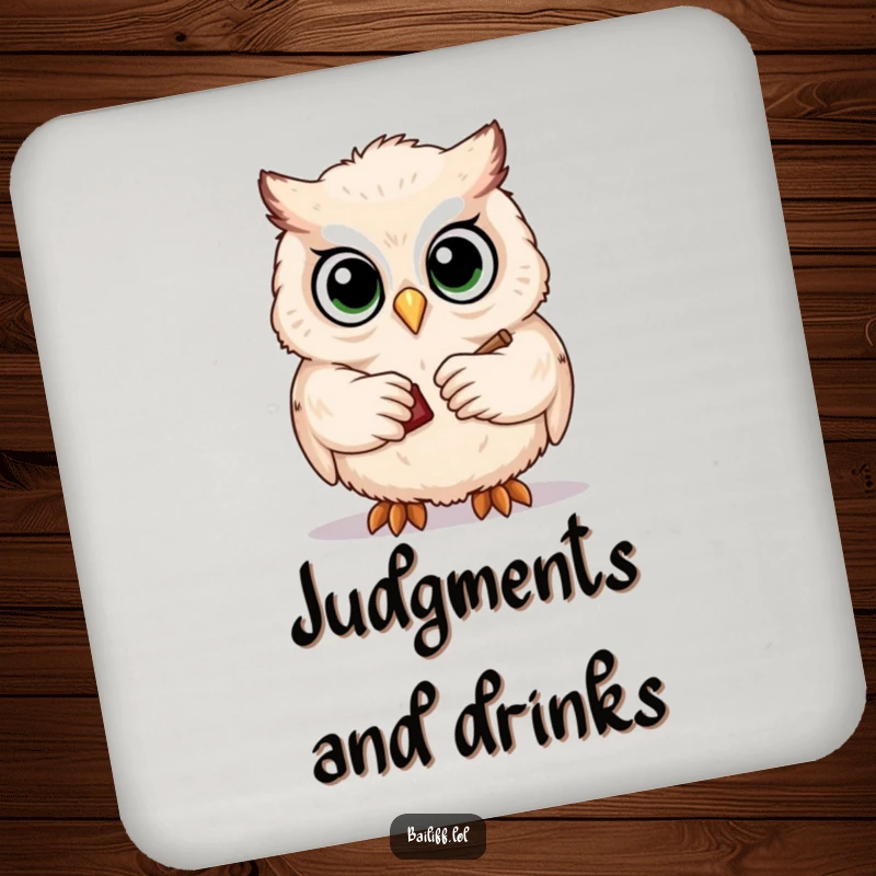 Funny drink coaster featuring a wise owl with big eyes, solemnly tapping a gavel, adding legal charm and humor to any drink.