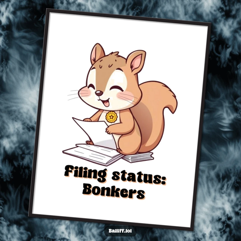 Funny poster featuring a jubilant squirrel with a small badge, meticulously tidying up a mess of papers with a gleeful expression.