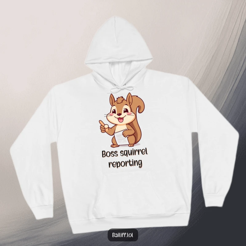 Funny squirrel hoodie featuring a cheerful squirrel in a suit pointing authoritatively at a document, exuding cozy office boss energy.