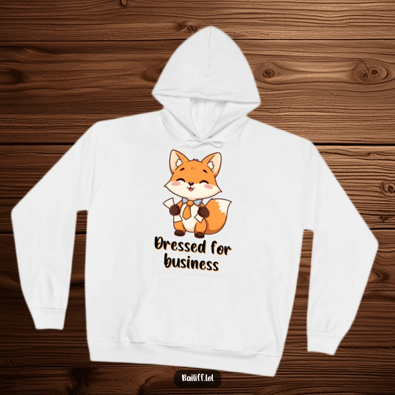 Funny hoodie featuring a playful fox in a neat tie, securely holding a scroll of documents, offering warmth and professional humor.