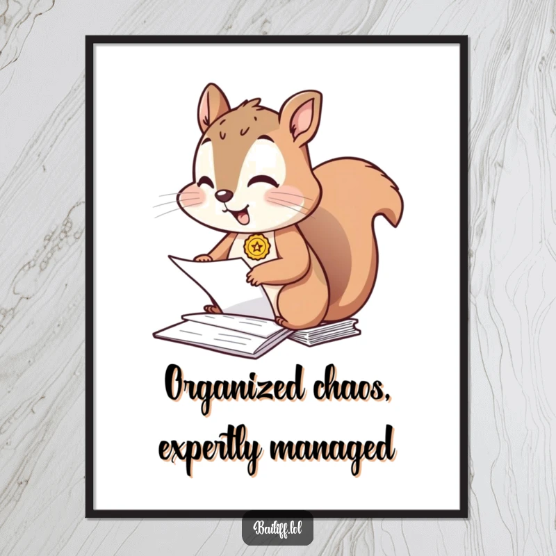 Funny Free Printable Wall Art: Giggling squirrel wearing a tiny badge, diligently organizing a desk full of papers, exuding office charm.