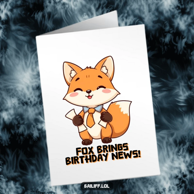 Funny Free Printable Birthday Card: A playful fox in a tie holds a scroll of documents.