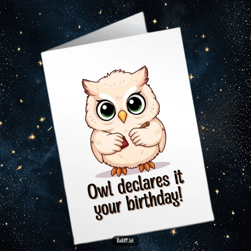 Funny Free Printable Birthday Card: A cute owl with big eyes taps a gavel solemnly.