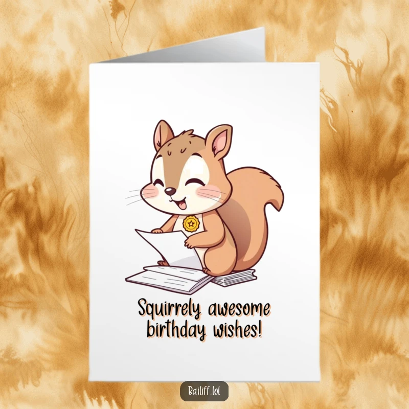 Funny Free Printable Birthday Card: Giggling squirrel wearing a tiny badge, diligently organizing a messy desk, spreading joy.