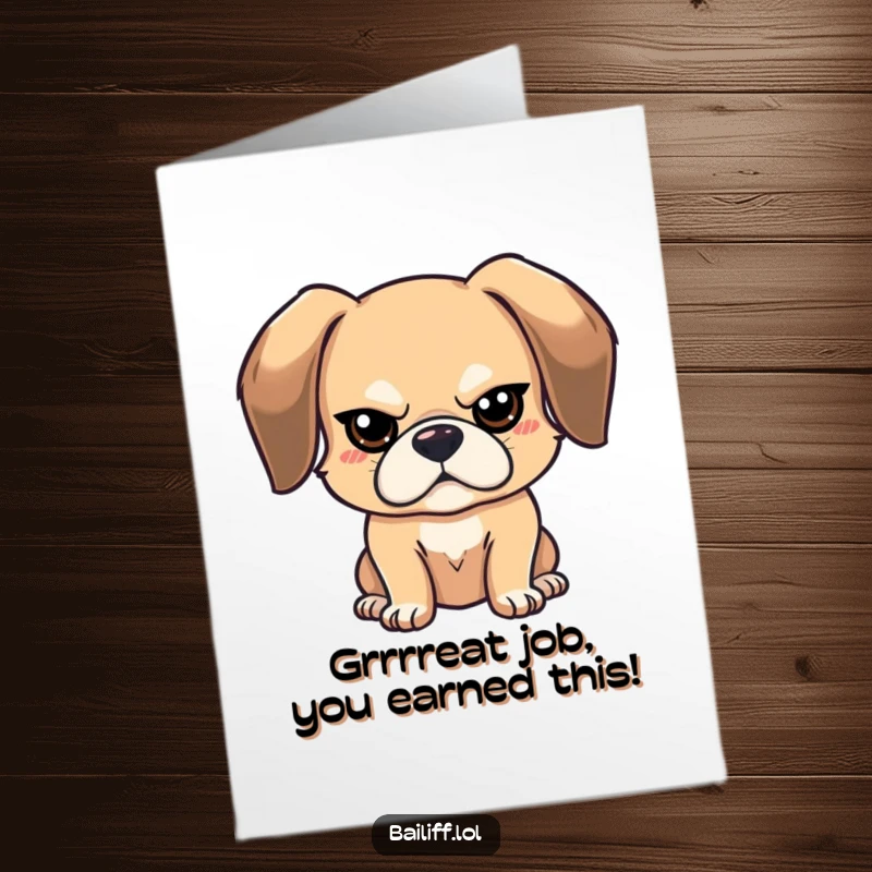 Funny Free Printable Congratulations Card: Bouncy dog with floppy ears looks stern, congratulating big achievements.