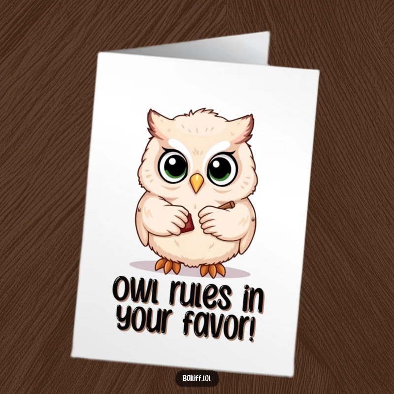 Funny Free Printable Congratulations Card: A solemn owl with large eyes uses a tiny gavel.
