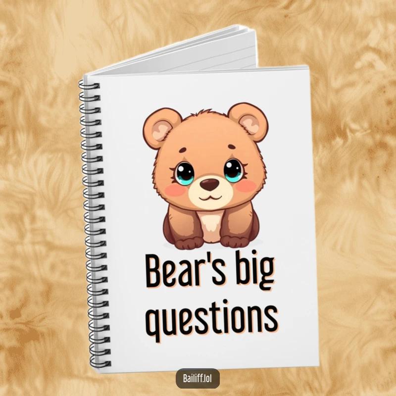 Funny bear cub notebook with a curious cub and wide, simple eyes observing a tiny scale, perfect for journaling.