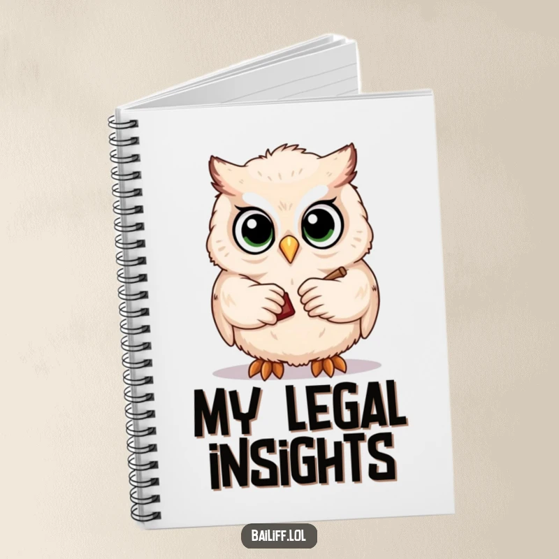 Funny notebook featuring a cute, fluffy owl with big eyes, solemnly tapping a gavel, perfect for jotting down wise decisions and notes.