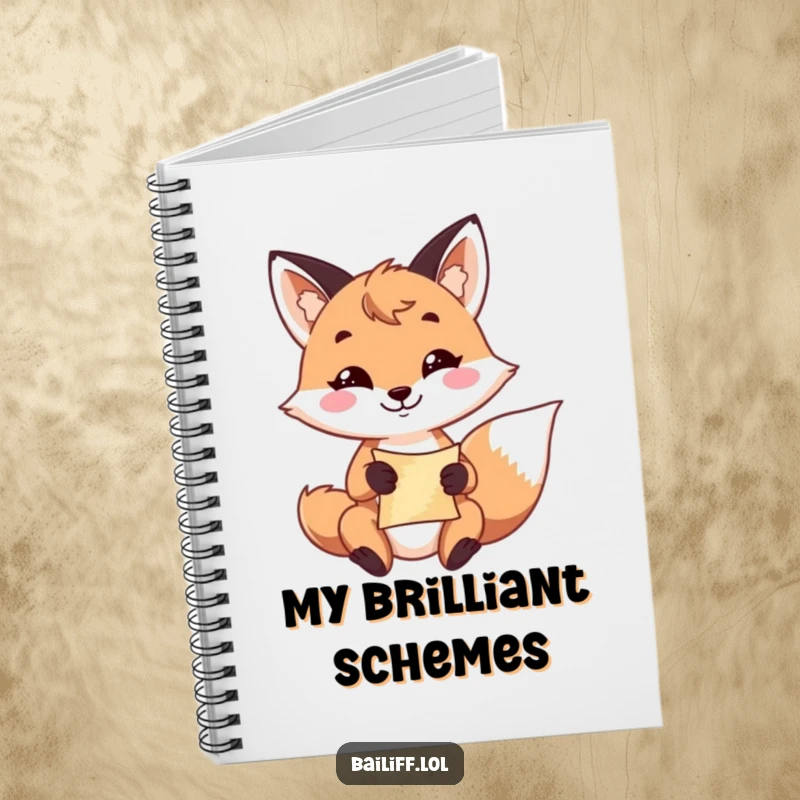 Funny fox notebook with a playful fox and a resolute grin, holding a small scroll, perfect for jotting notes.