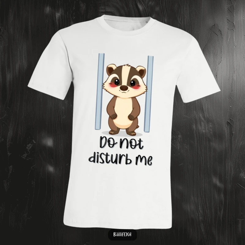 Funny t-shirt depicting a friendly but stern badger standing watchfully at a door, conveying security and good humor.