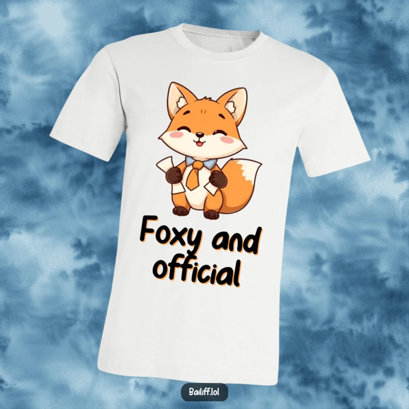 Funny t-shirt depicting a playful fox wearing a tie, holding a scroll of papers firmly, a symbol of cleverness and efficiency.