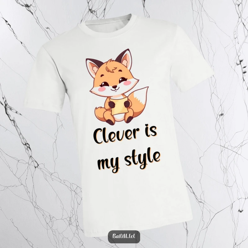 Funny fox t-shirt with a playful fox and a resolute grin, holding a small scroll, embodying cunning and intelligence.