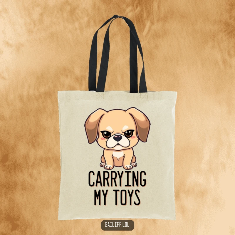 Funny stern dog tote bag featuring a bouncy, floppy-eared dog with a tiny, stern expression, perfect for carrying essentials.
